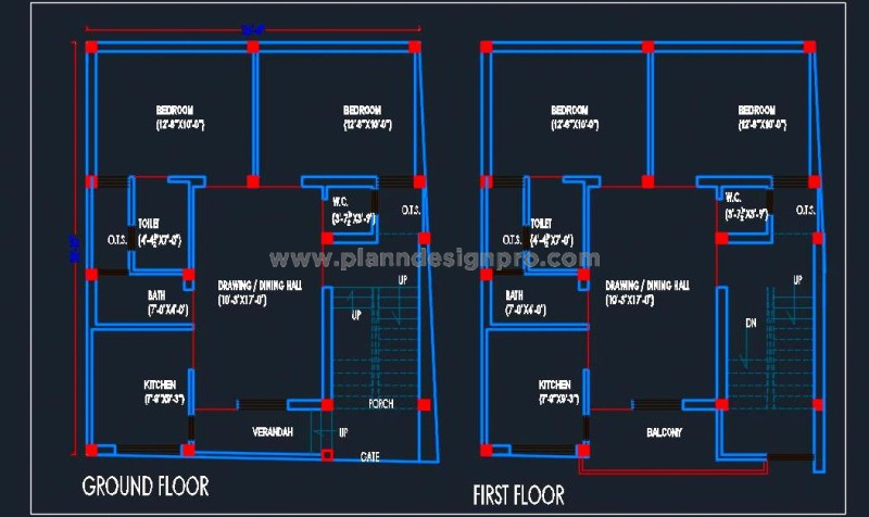 Free DWG- 2 BHK House Layout on 25'x30' Residential Plot